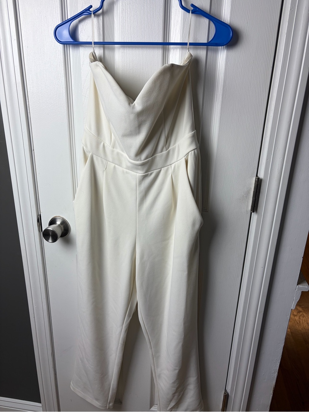 Express Strapless Cream Jumpsuit with Sweetheart Neckline